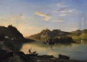 Evening Mood In Front Of The Nonnenwerth Island By The Rhine. Fisherboys And Their Boats. Signed And Dated Lower Left: W. Klein 1863