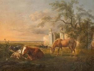 Weite Landschaft Mit Tieren Und Hirtenjunge Vor Einem Parkzugang