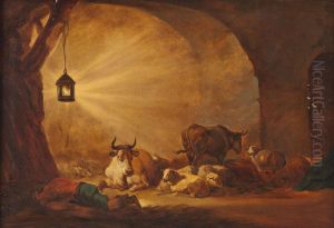 Schlafender Hirte Mit Schafen Und Kuhen Im Stall by Johann Christian Klengel