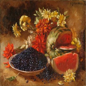 Still Life With Flowers, Blueberry And Watermelon