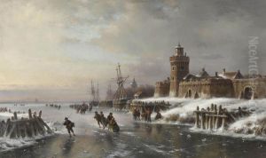 A Winter Landscape With Figures Skating Near A Fortified Town