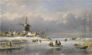 A Winter Landscape With Skaters On A Frozen Waterway by Lodewijk Johannes Kleijn