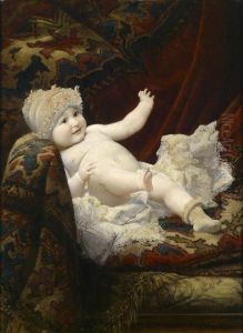 Portrait Of A Baby On A Sofawearing A Lace Cap Portrait Of A Baby On A Sofawearing A Lace Cap
