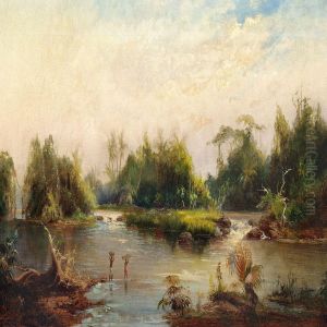 African Landscape With Two Men Crossing A River