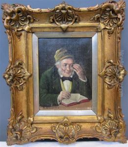Portrait Of A Man Wearing Glasses Reading A Book by Rudolph Klinsberg