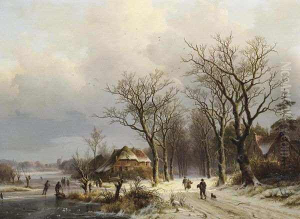A Wooded Winter Landscape With Travellers On A Snow Covered Path And Skaters On The Ice - view 1