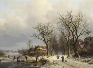 A Wooded Winter Landscape With Travellers On A Snow Covered Path And Skaters On The Ice by Johann Bernard Klombeck