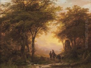 Travellers On A Forest Path Near A Chapel by Johann Bernard Klombeck