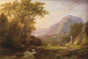A Mountainous Summer Landscape With Cattle And A Church Beyond by Johann Bernard Klombeck