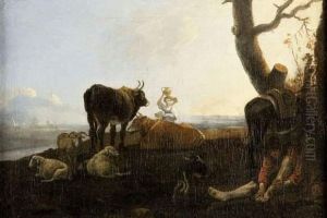 Halte Du Troupeau Dans Un Paysage Italianisant by Albert-Jansz. Klomp