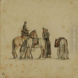 A Kissing Couple Near Horses At The Tingvalla Plain,iceland by Frederick Theodor Kloss
