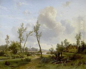 An Extensive Landscape With Shepherd And Sheep Beside A Winding River by Pieter Lodewijk Francisco Kluyver