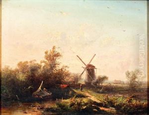 Zomerlandschap Met Wandelaar Bij Een Molen by Pieter Lodewijk Francisco Kluyver