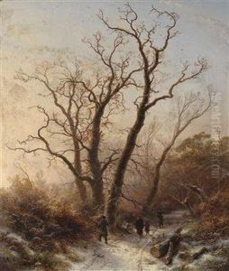 Walking In Awinter Woodland by Pieter Lodewijk Francisco Kluyver
