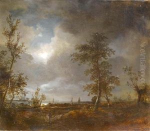 Walker At The Coast A Full Moon by Pieter Lodewijk Francisco Kluyver
