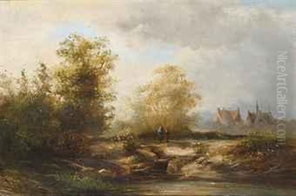 Summer Landscape With Figures Near A Farmhouse by Pieter Lodewijk Francisco Kluyver