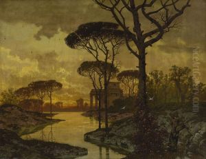 Abendliche Seelandschaft Mit Antikisierender Villa by Ferdinand Knab