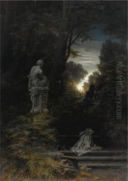 A Woman At A Fountain With Rising Moon - view 1