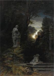 A Woman At A Fountain With Rising Moon by Ferdinand Knab