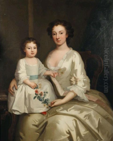 A Portrait Of Mrs Gouldney, The Wife Of Admiral Gouldney, And Her Daughter In An Interior Holding A Garland Of Flowers - view 1