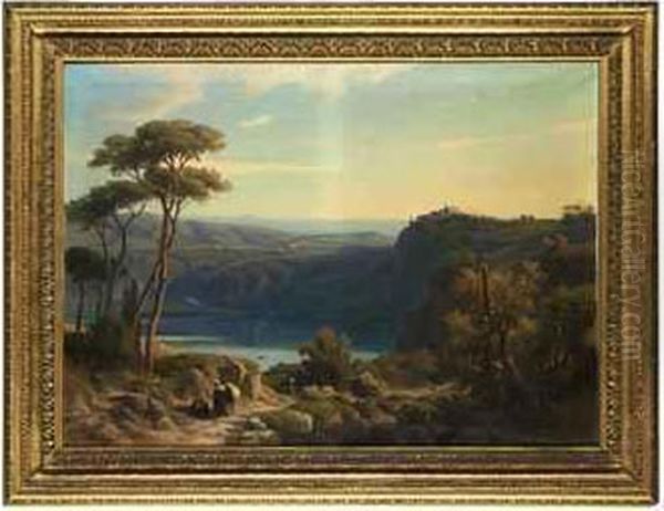 Wooded Landscape With Lake Albano, With Rural Figures And Asettlement Beyond - view 1