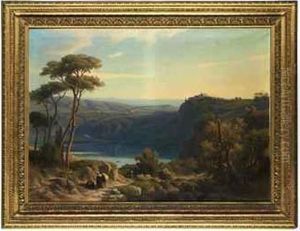 Wooded Landscape With Lake Albano, With Rural Figures And Asettlement Beyond
