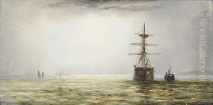 Shipping In A Calm Off A Coastline by Adolphus Knell