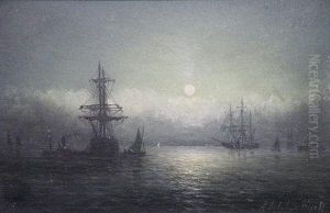 Moored Sailing Ships By Moonlight by William Adolphu Knell