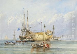 A Frigate Lying Alongside A Prison Hulk With Other Shipping Beyond by William Calcott Knell