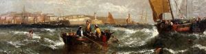Fishermen In Their Boats In A Rough Sea Before A Harbour