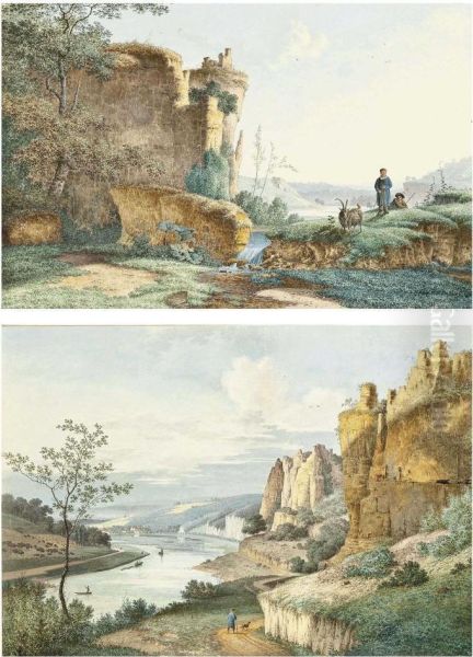 A View On The Elbe With A Herdsman And His Goat Beside A Waterfall, Ruins Beyond - view 1