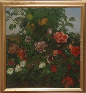 Kniepe Oil On Panel, Roses And Oranges by Frieda Kniep