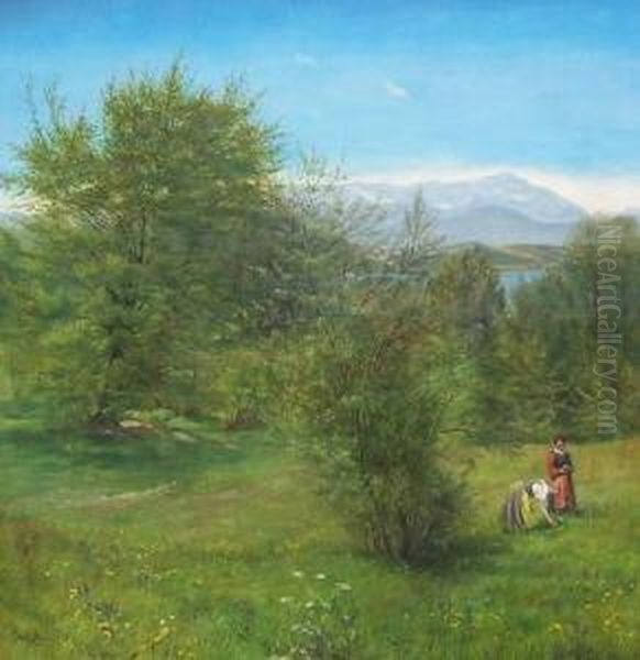 Sommerlandschaft Mit Zwei Blumen Pfluckenden Frauen - view 1