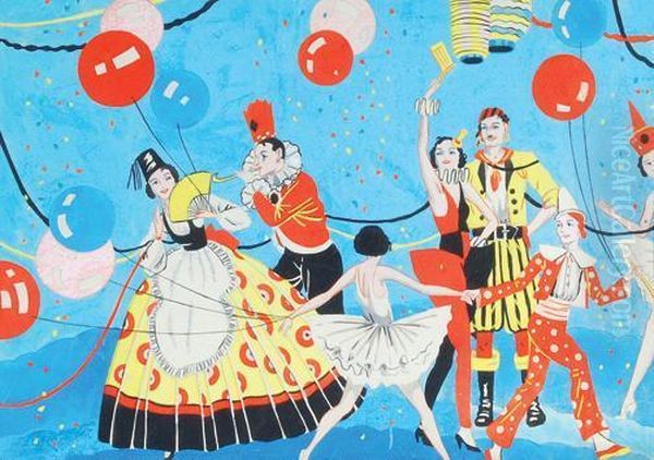 A Gouache Illustration Of Revellers In Fancy Dress - view 1