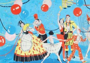 A Gouache Illustration Of Revellers In Fancy Dress by Adam Knight