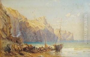 Rocky Shore Scene With Beached Fishing Boats