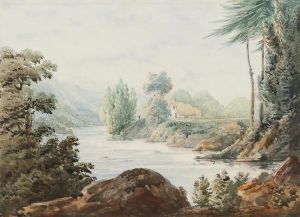 A River Landscape With A Distant Figure Alongside A Small Cottage by John Baverstock Knight