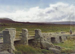 A Figure Approaching A Bridge On A Derbyshire Moor by John William Buxton Knight