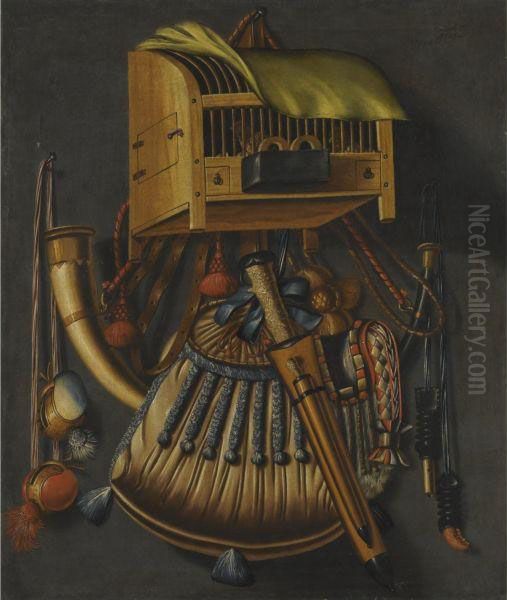 A Trompe L'oeil Still-life With A Hunting Horn And Game Pouch, Bird-of-prey Hoods And Other Hunting Paraphernalia, All Hanging Below A Bird's Cage - view 1