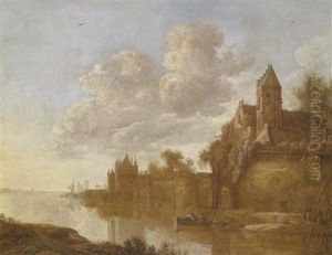 A Town Near A River, With Boats And Anglers by Wouter Knijff