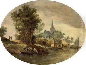 A River Landscape With A Ferry Crossing Near A Village