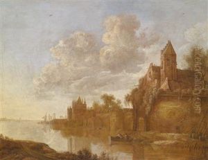 Eine Stadt An Einem Fluss Mit Booten Und Anglern