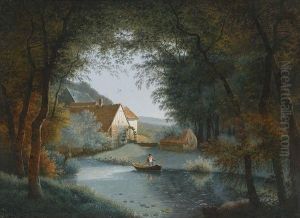 Pecheurs Dans Une Barque Pres D'un Moulin A Eau