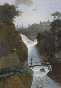 View Of A Waterfall, A Village Beyond, Said To Be Martigny,switzerland