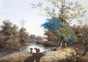 Landschap Met Jager En Romantisch Paar Aan Het Water