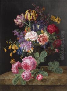 A Still Life With Roses, Tulips And Other Flowers by Henriette Gertruide Knip