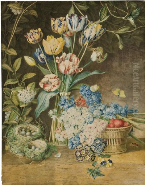 A Vase Of Tulips, With Primroses, Carnations, Hyacinths And Violasresting On A Basket Of Strawberries And Two Birds' Nests On Aledge - view 1