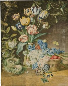 A Vase Of Tulips, With Primroses, Carnations, Hyacinths And Violasresting On A Basket Of Strawberries And Two Birds' Nests On Aledge