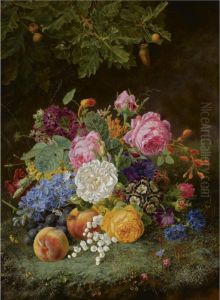 A Still Life With Flowers And Fruit On A Forest Ground by Henriette Gertruide Knip