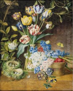 Still Life With A Vase Of Tulips, Bunches Of Hyacinths, Primula And Pansies, A Basket Of Strawberries, And Two Birds' Nests by Henriette Gertruide Knip